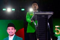 Ketua DPW PPP Sulsel,  Imam Fauzan memberi sambutan pada Harlah PPP di Makassar, beberapa waktu lalu. Imam Fauzan menegaskan akan ikut membantu Dewan Pimpinan Pusat (DPP) dalam upaya gugatan di Mahkamah Konstitusi (MK) karena  tidak  loloskan Parlementry Threshold  4 persen oleh KPU RI. (Foto: Dok Kaukusnews.id)