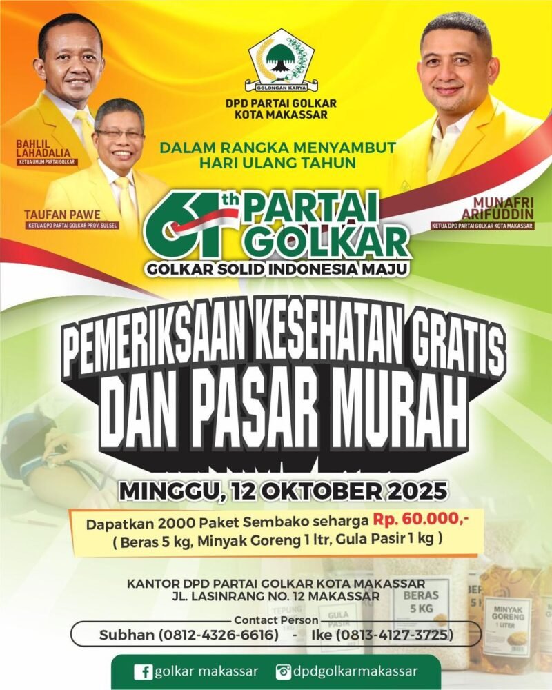 Peringatan HUT ke-61, Golkar Makassar Berbagi Dua Ribu Paket Sembako Murah dan Pemeriksaan Kesehatan Gratis.